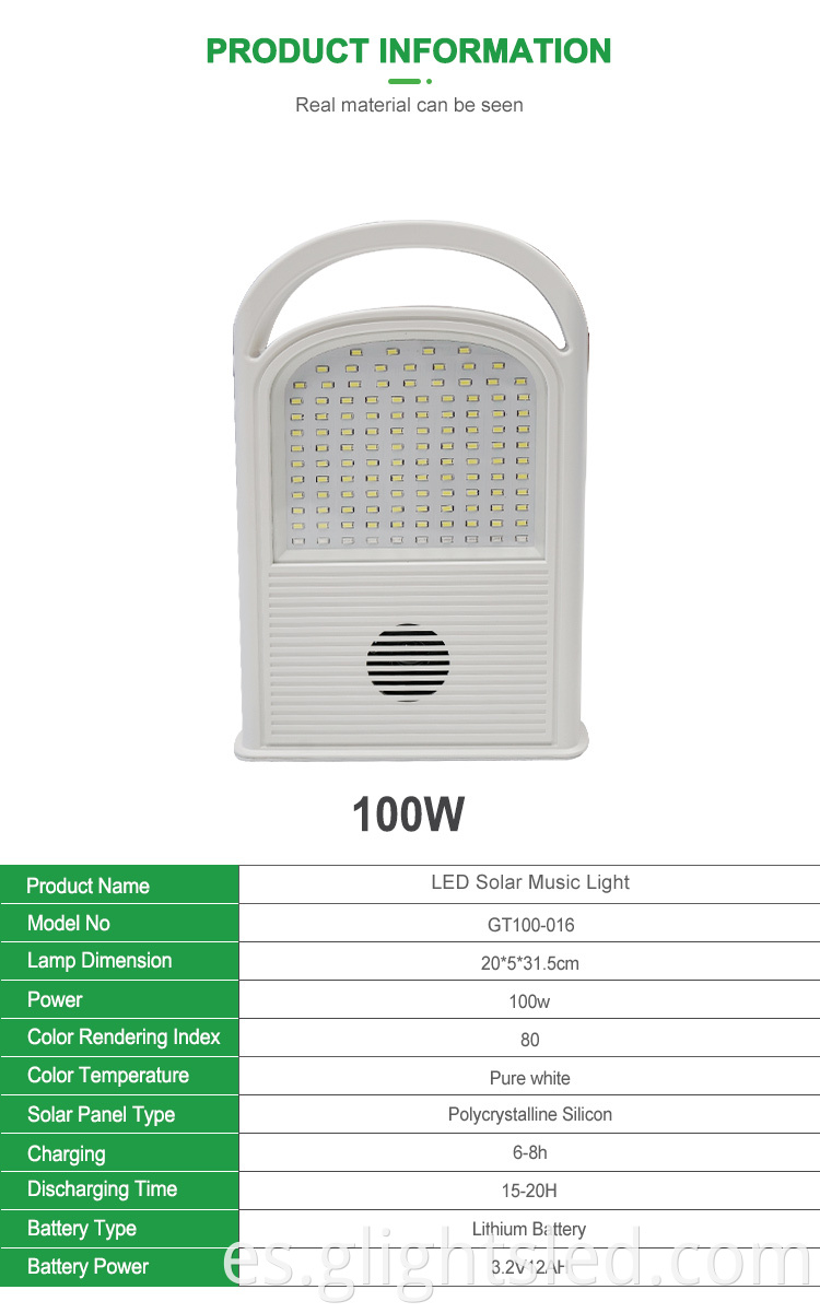 Lámpara de inundación solar recargable de 100W con atenuación de alta calidad G-Lights ABS Rgb con soporte para música